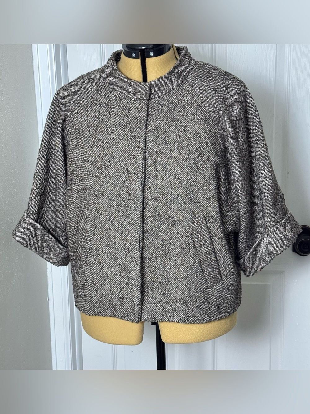 Calvin Klein Womens Tweed Swing Jacket Brown Cropped Short Sleeve Coat L